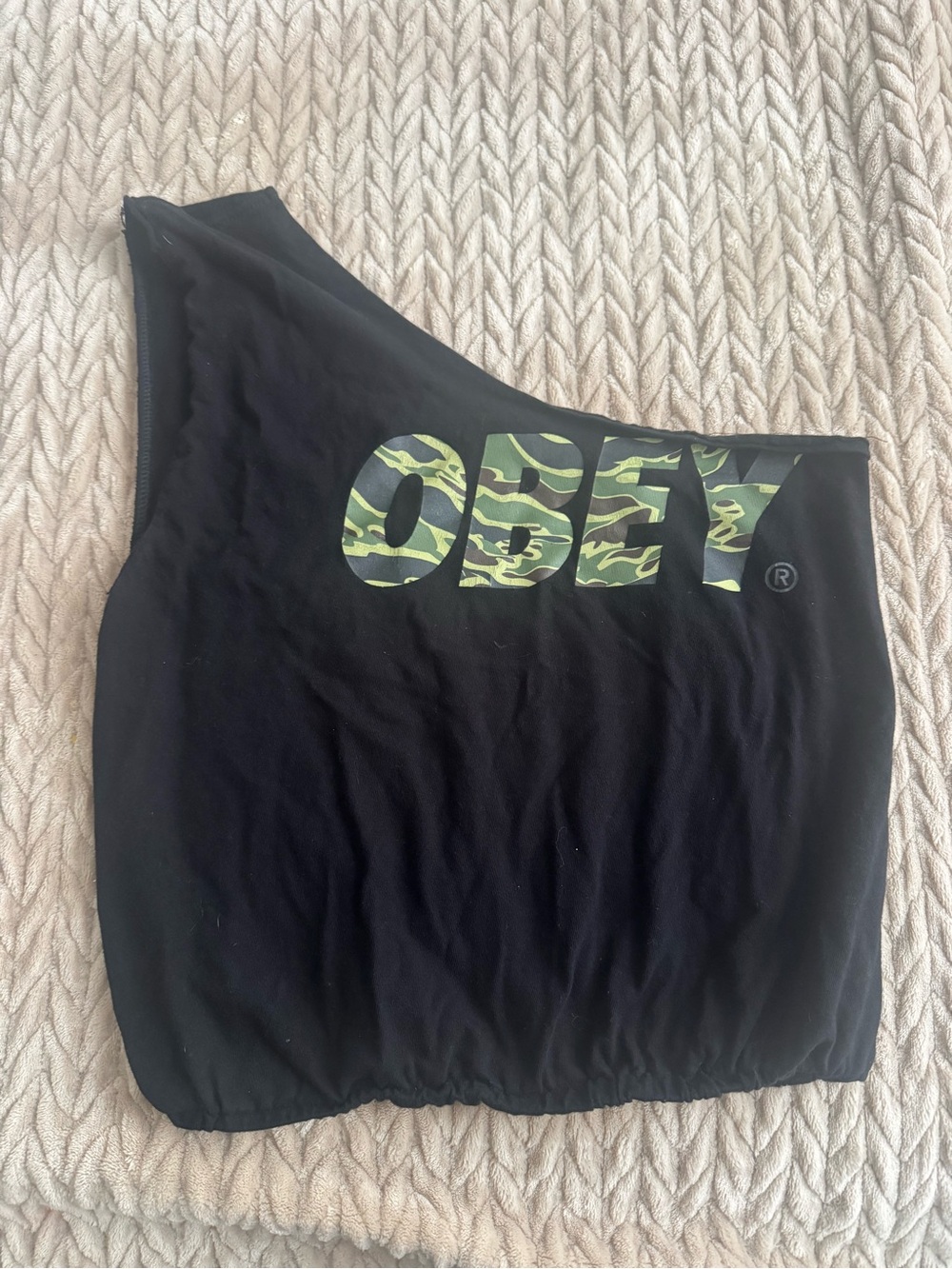 Obey Black One-Shoulder Tank with Green Camo Logo